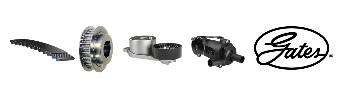 Gates synchronous timing belt, a flanged timing belt sprocket, a belt tensioner with idler pulley, and an electric coolant pump, alongside the black oval Gates logo